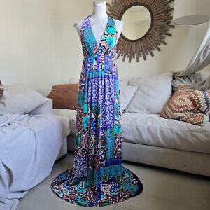 Blumarine Medium Designer Purple Geometric Stretchy Extra Long Maxi Halter Dress